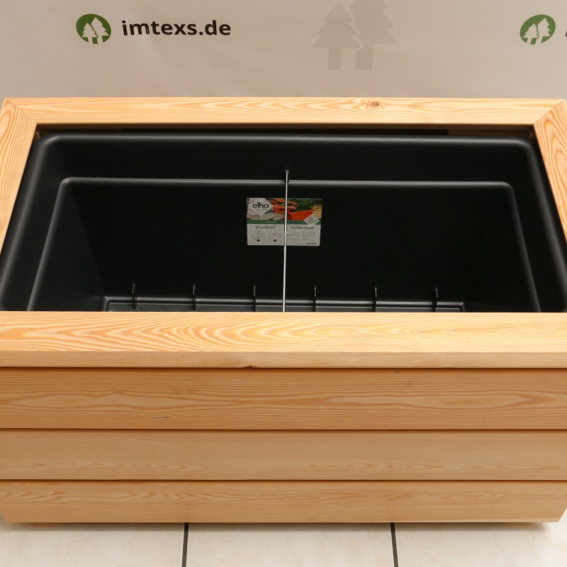Hochbeet ohne Sichtschutz, aus Sibirischer Lärche, mit Pflanztrog, abnehmbare Abdeckleiste und mit Abdeckung, fertig montiert.