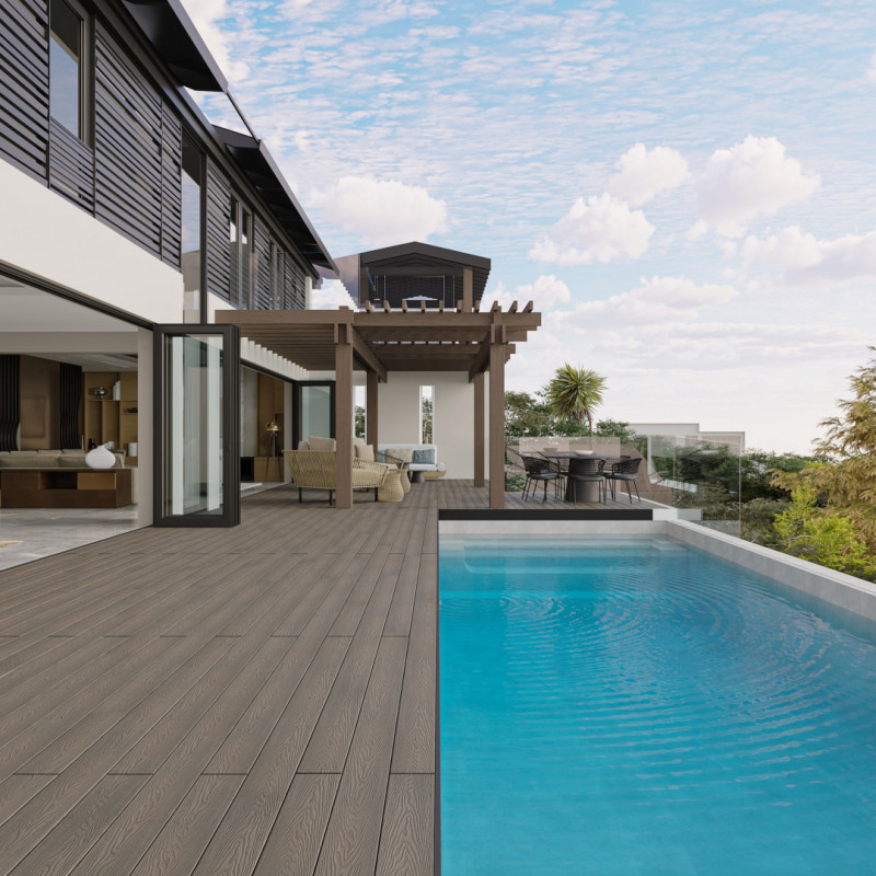 Bausatz, WPC Premium Terrassendiele 2. Generation, Massiv, 23 x 140 mm, Wellenstruktur / glatt, Walnuss