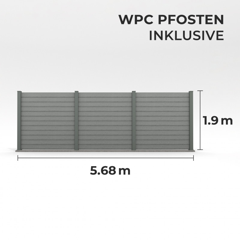 Bausatz, WPC Zaun Komplett-Set mit WPC-Pfosten (zum Aufschrauben), Grau