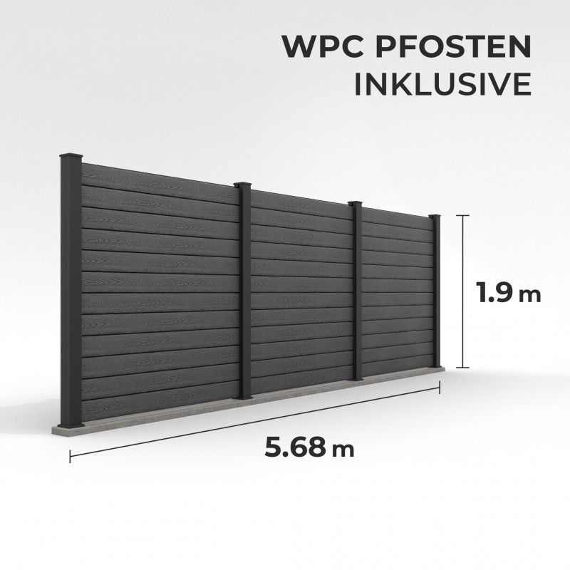Bausatz, WPC Zaun Komplett-Set mit WPC-Pfosten (zum Aufschrauben), Schwarz