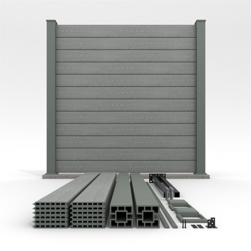 Bausatz, WPC Zaun Komplett-Set mit WPC-Pfosten (zum Aufschrauben), Grau