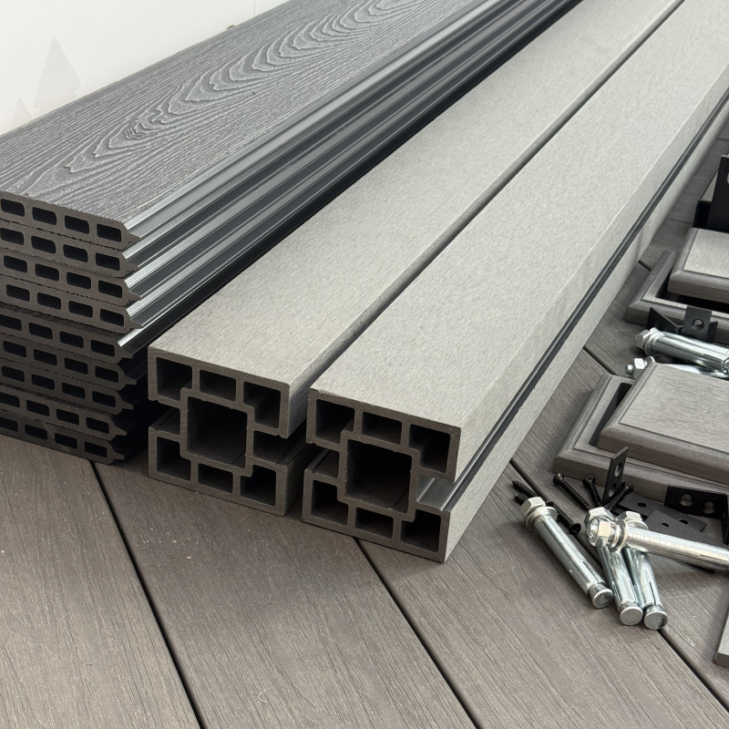 Bausatz, WPC Zaun Komplett-Set mit WPC-Pfosten (zum Aufschrauben), Dunkelgrau