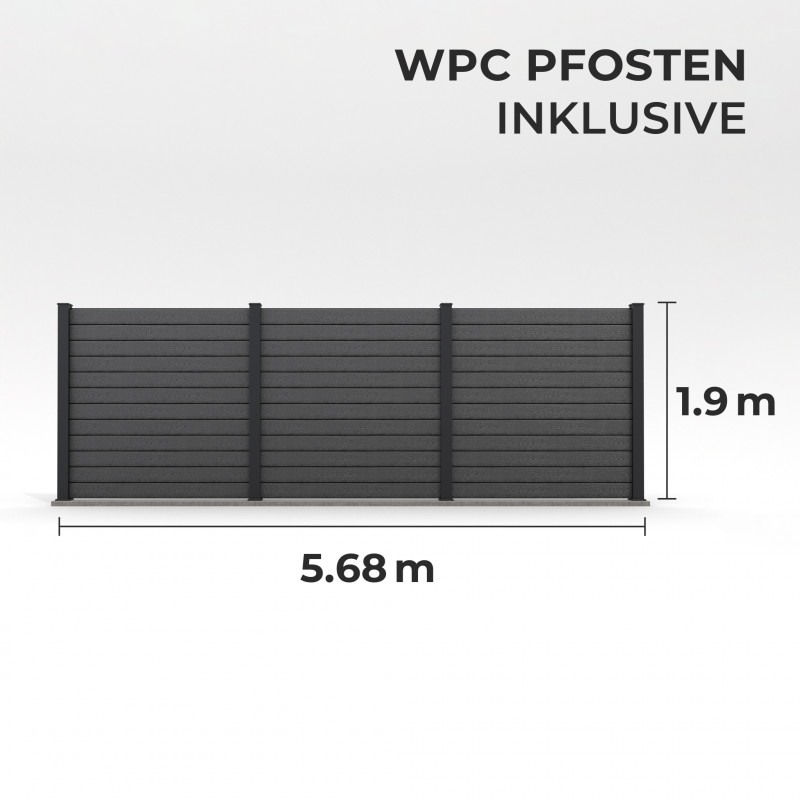 Bausatz, WPC Zaun Komplett-Set mit WPC-Pfosten (zum Aufschrauben), Schwarz
