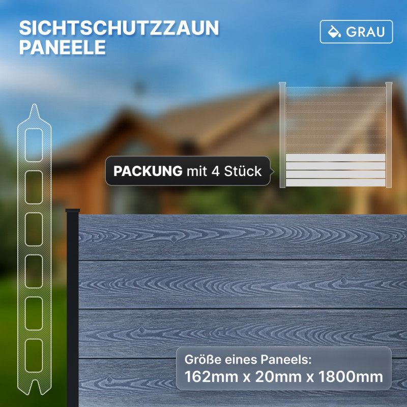 WPC-Zaunelemente, Steckprofil in Holzoptik, Dunkelgrau
