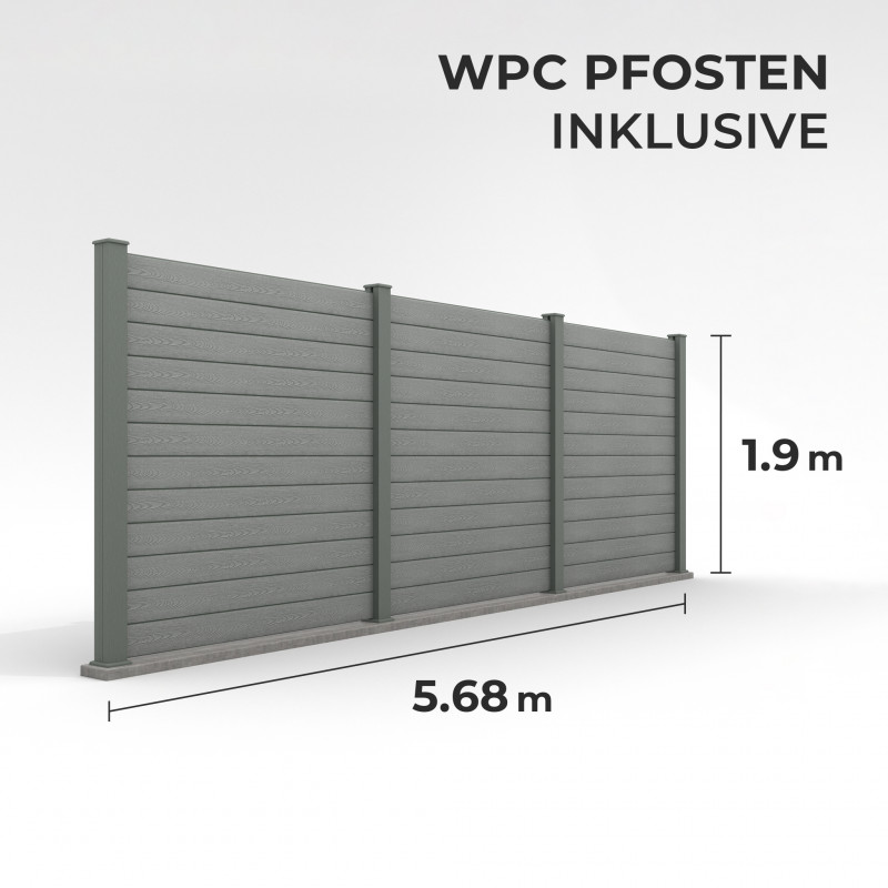 Bausatz, WPC Zaun Komplett-Set mit WPC-Pfosten (zum Aufschrauben), Grau