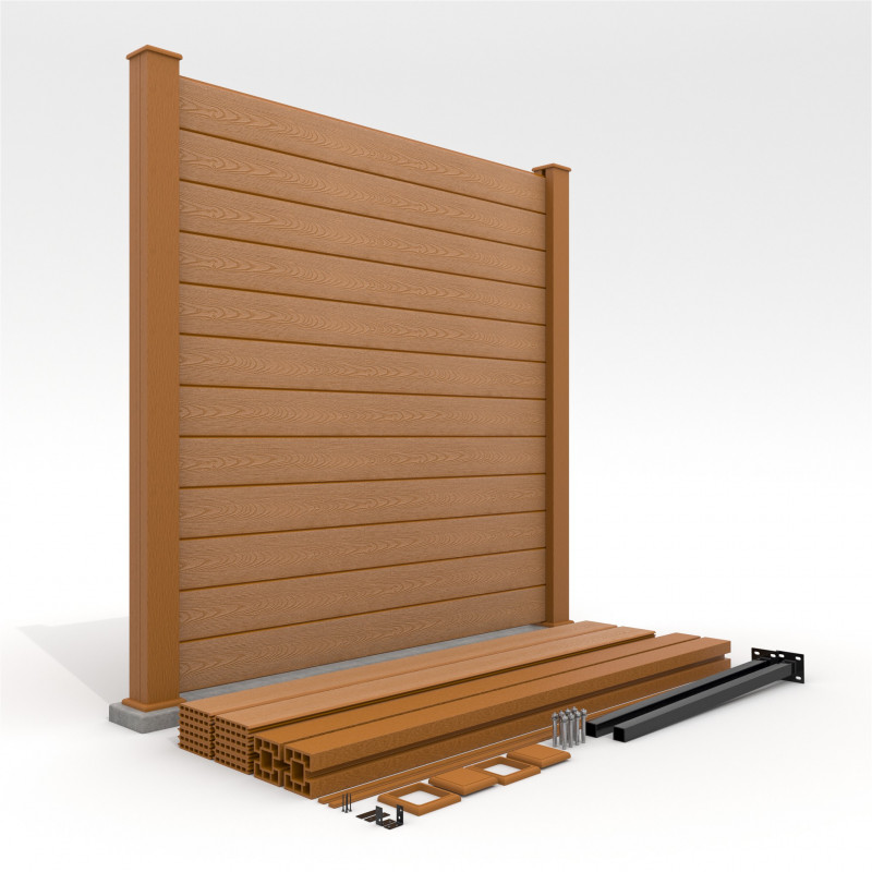 Bausatz, WPC Zaun Komplett-Set mit WPC-Pfosten (zum Aufschrauben), Hellbraun