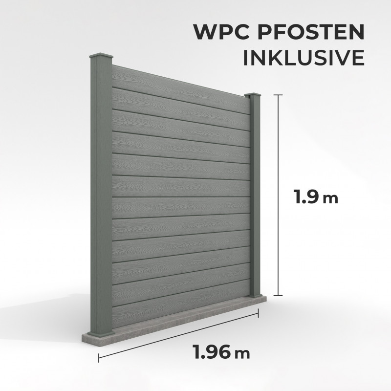 Bausatz, WPC Zaun Komplett-Set mit WPC-Pfosten (zum Aufschrauben), Grau