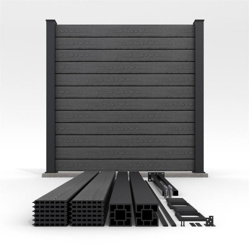 Bausatz, WPC Zaun Komplett-Set mit WPC-Pfosten (zum Aufschrauben), Schwarz