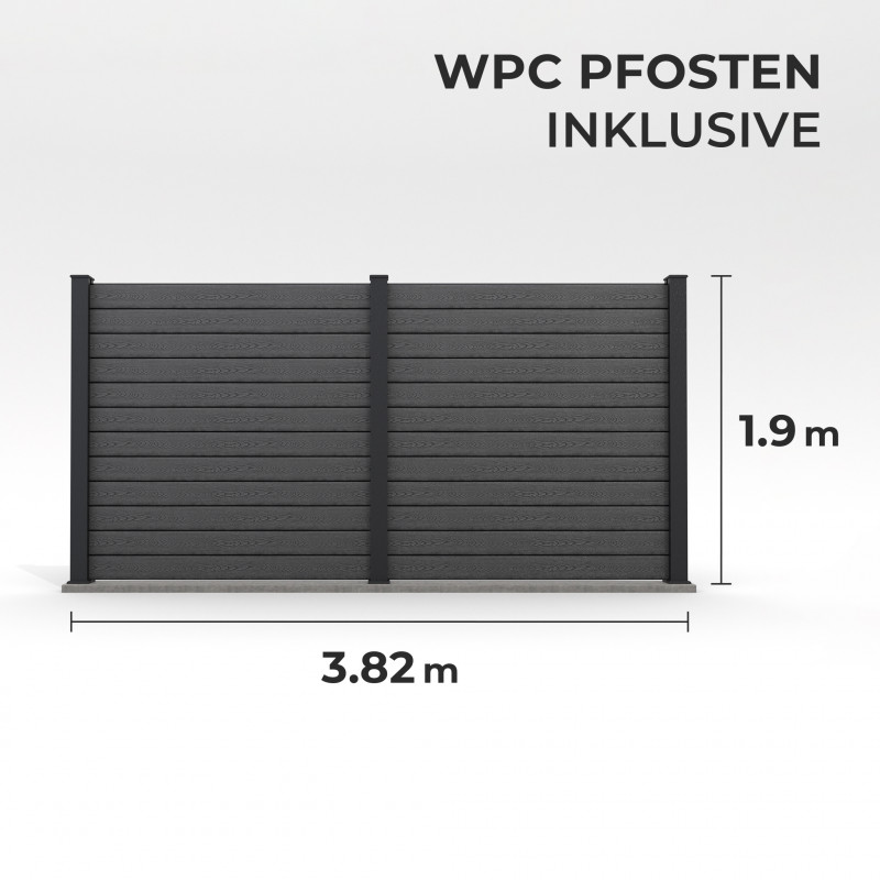 Bausatz, WPC Zaun Komplett-Set mit WPC-Pfosten (zum Aufschrauben), Schwarz