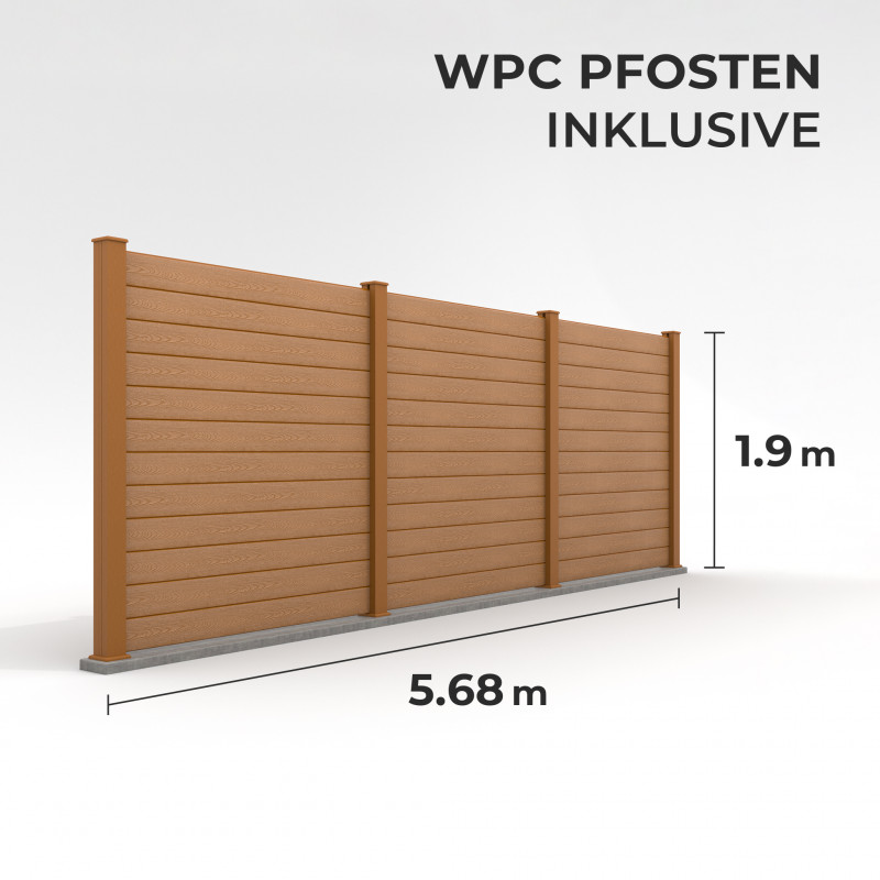 Bausatz, WPC Zaun Komplett-Set mit WPC-Pfosten (zum Aufschrauben), Hellbraun