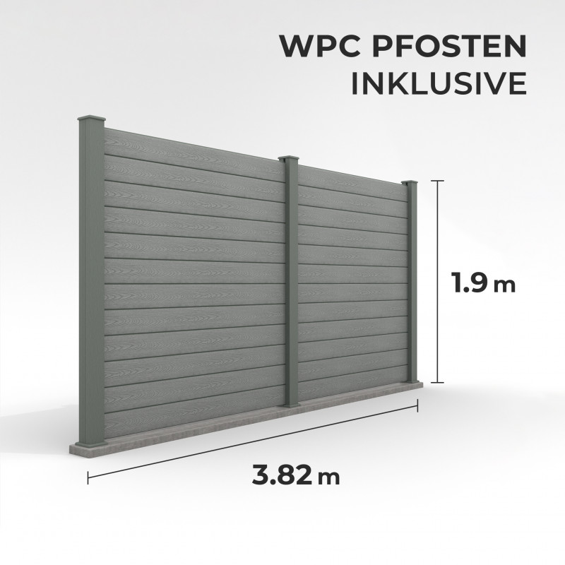 Bausatz, WPC Zaun Komplett-Set mit WPC-Pfosten (zum Aufschrauben), Grau
