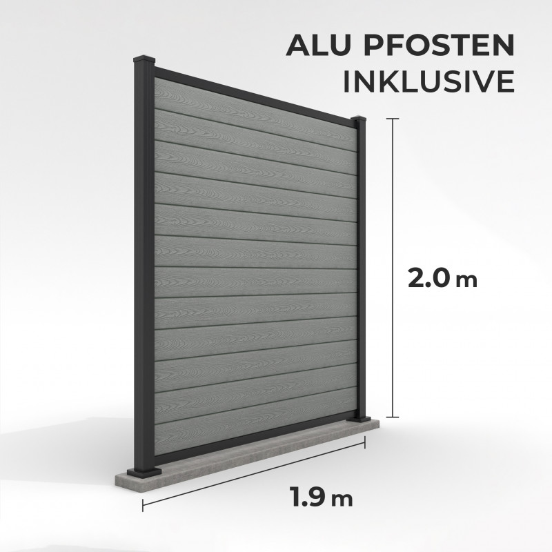Bausatz, WPC Zaun mit Aluminium-Pfosten (zum Aufschrauben), Grau